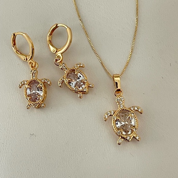18k Gold Filled CZ Turtle Huggie Earrings & Neckla - Picture 7 of 9